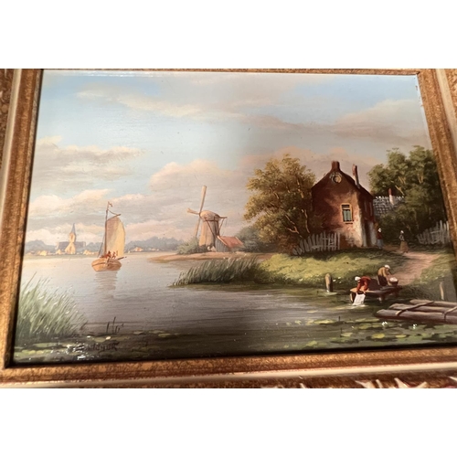 867 - J. Meyer, pair of Dutch canal scenes with house, windmills etc, oil on board, signed 12 x 17cm, fram... 