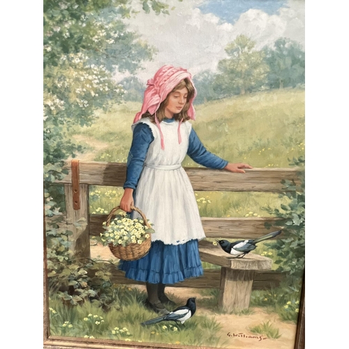 868 - G. Williams, young girls carrying flower by a stile, pair of oils on board, signed, 32 x 24cm framed