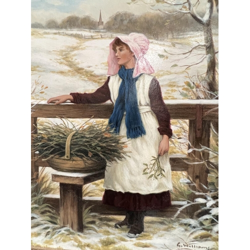 868 - G. Williams, young girls carrying flower by a stile, pair of oils on board, signed, 32 x 24cm framed