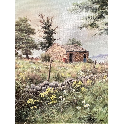 869 - W. R. (Bill) Makinson, Derbyshire rural scene with old stone barn in flowery field, oil on canvas, s... 