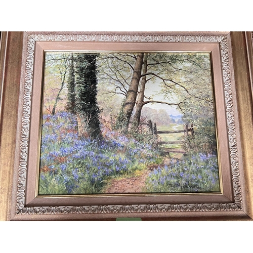 871 - W. R. (Bill) Makinson, Derbyshire rural scene with bluebell wood with stile and flowery field with c... 