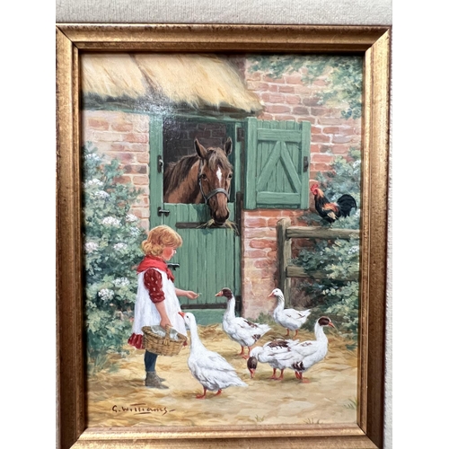 875 - G. Williams, farmyard with young girl feeding ducks, horse looking on, signed, 19 x 14cm framed and ... 