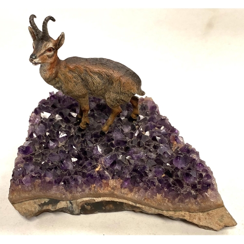 90 - A cold painted mountain goat on base of amethyst crystal sample, length 11.5cm