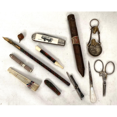 95 - A Tartan ware penknife, pen and pencil with bone ends, a 'cigar fan' other miniature collectables