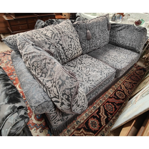 955 - A traditional style 3 piece lounge suite in embossed midnight blue velour comprising 3 seater sofa a... 