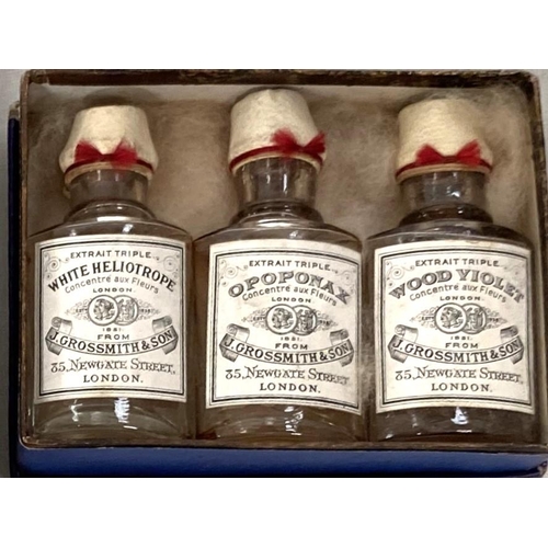 99 - A boxed set of Grossmith's Prize Medal Perfumes, three miniature bottles, White Heliotrope, Opopomax... 