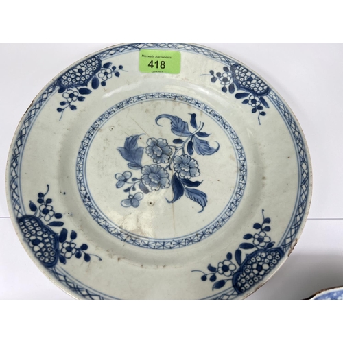 418 - Three Chinese 18th century blue and white dishes, various sizes and form with floral decoration, 22c... 