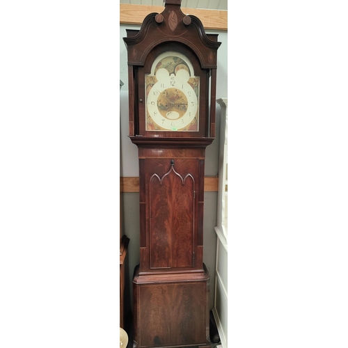 1065 - A North Country Sheraton period mahogany longcase clock, the hood with shell inlay, blind swan neck ... 