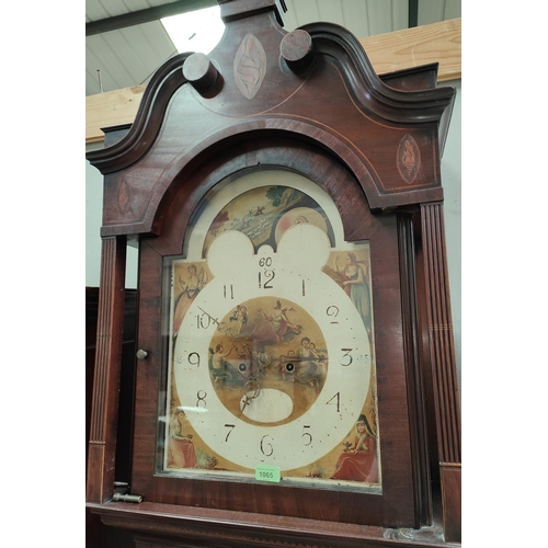 1065 - A North Country Sheraton period mahogany longcase clock, the hood with shell inlay, blind swan neck ... 