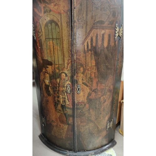 980 - An antique bow fronted wall cupboard with painted Royal scene to front, possibly Henry VIII, ht. 120... 