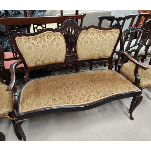 982 - A 19th century walnut part salon suite comprising two seater settee and four chairs, gilt floral bac... 