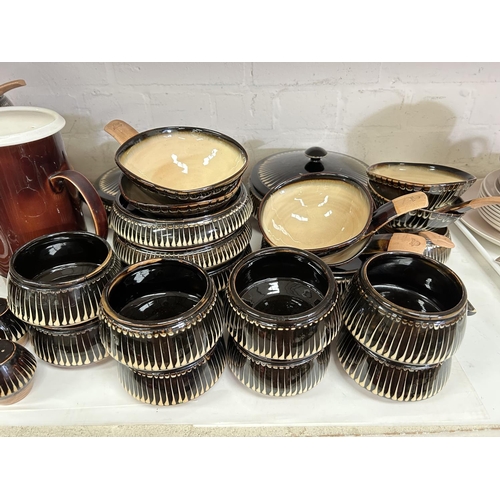 595 - A 1970's Poole brown stoneware coffee set; a Coldstone part dinner set, in brown and yellow dripware... 