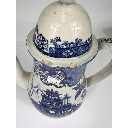 545A - An 18th century unusually large possibly Liverpool teapot in blue and white, height 31cm (chips)