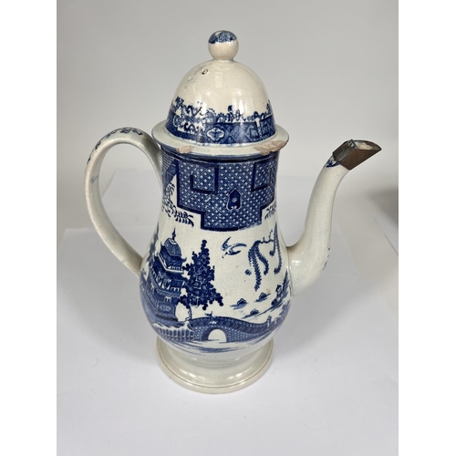 545A - An 18th century unusually large possibly Liverpool teapot in blue and white, height 31cm (chips)