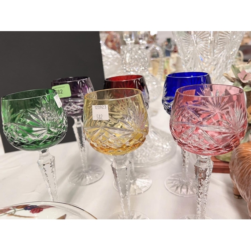 582 - A Val St Lambert style set of 6 hock glasses, coloured and overlaid, on serrated tapering stems