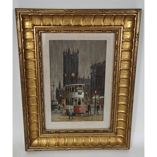 825 - Arthur Delaney 1927-1987:  Manchester Cathedral with No. 19 tram in front, oil on board, signed, 22 ... 