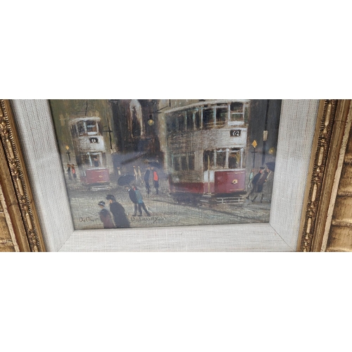 826 - Arthur Delaney 1927-1987:  The Albert Memorial with trams, oil on board, signed, 22 x 14cm, framed a... 