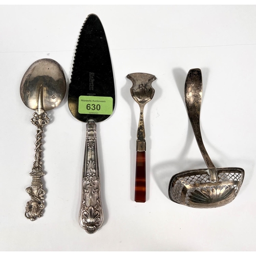 630 - A King's pattern pie slice with embossed hallmarked silver handle; 3continental pieces:  a... 