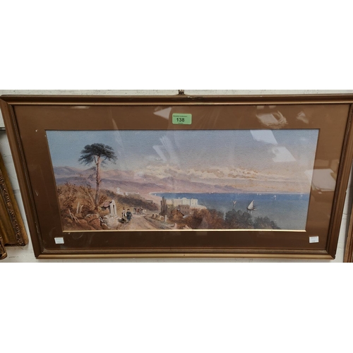 138 - A 19th century Italian Lake scene with road by a lake, unsigned, 24 x 54cm, framed and glazed