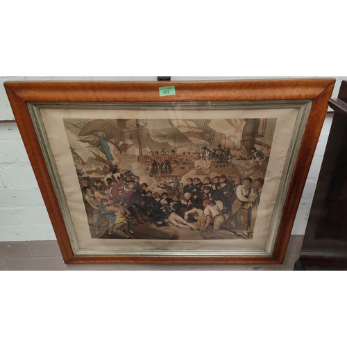 802 - 'Death of Lord Viscount Nelson K.B' 19th century print in maple cushion frame and glazed