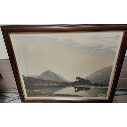 806 - Oil on canvas of a lake scene, framed and glazed, other various pictures etc