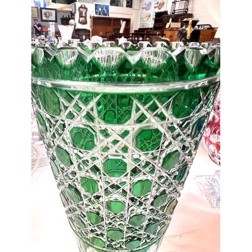 580 - A Val St Lambert style green vase of tapering form, overlaid and cut, on square base, height 36cm; a... 