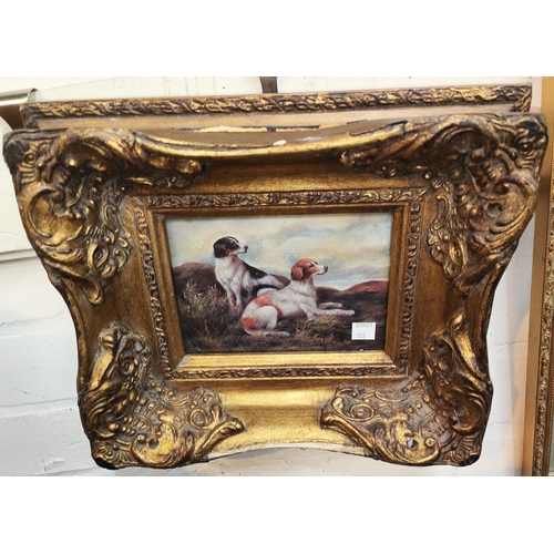 107 - A large gilt framed 19th century style textured print of Spaniels; another similar picture in gilt f... 