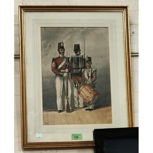 168 - 2 19th century soldiers and a drummer boy, watercolours, unsigned 35 x 25cm framed and glazed and 2 ... 