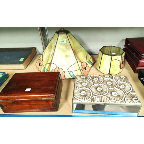 174 - Two Tiffany style light shades; 2 jewellery boxes etc