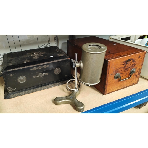 177A - An ebonised Victorian sewing box with embossed fittings and a microscope wooden case (no microscope)... 