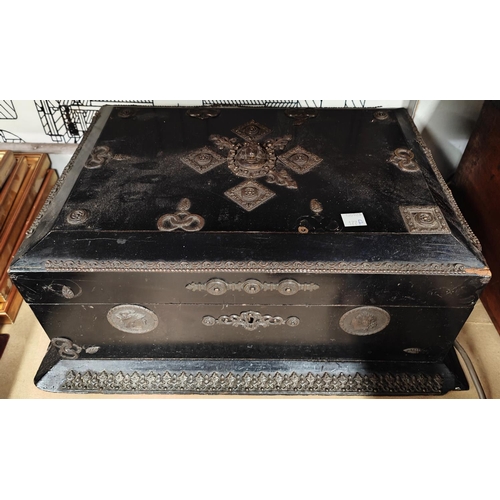 177A - An ebonised Victorian sewing box with embossed fittings and a microscope wooden case (no microscope)... 