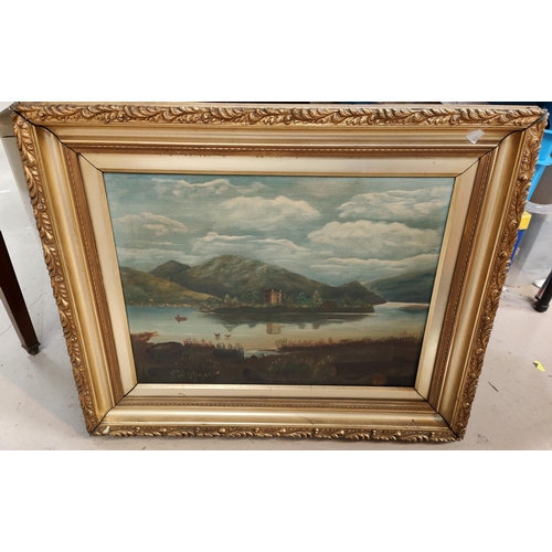 806 - Oil on canvas of a lake scene, framed and glazed, other various pictures etc