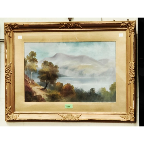 809 - 19th century lake scene and landscape with trees, oil on card, unsigned, 29 x 45cm, framed and glaze... 