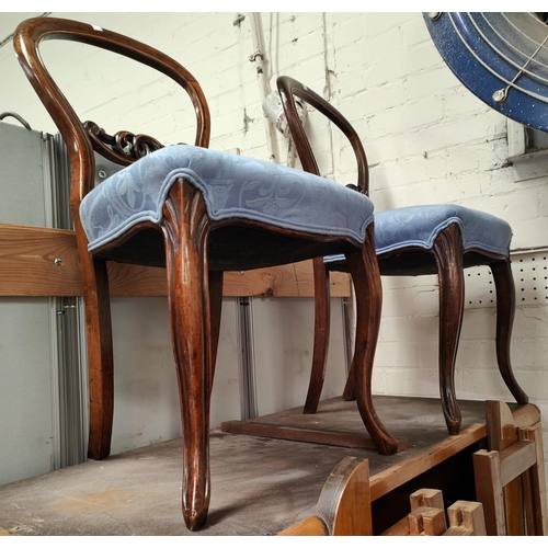 930A - A Victorian set of 3 balloon back dining chairs with blue drop in seats, plus 2 similar chairs; A pe... 