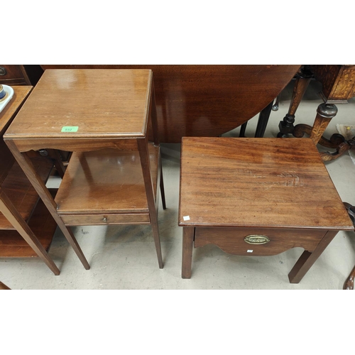 932 - A 19th century mahogany square bedside table of 2 tiers; a Georgian mahogany stool with drawers (red... 