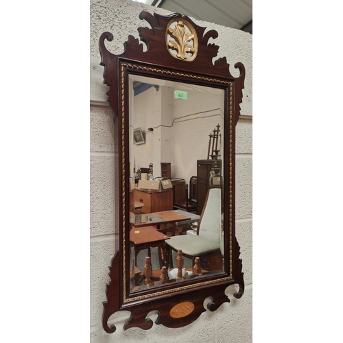 937 - A wall mirror in Chippendale style inlaid fretwork and parcel gilt frame; 2 other mirrors frame