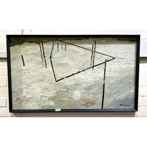 817 - Pat Cleary - wooden posts reflected on water, oil on board, signed, 52 x 90cm.