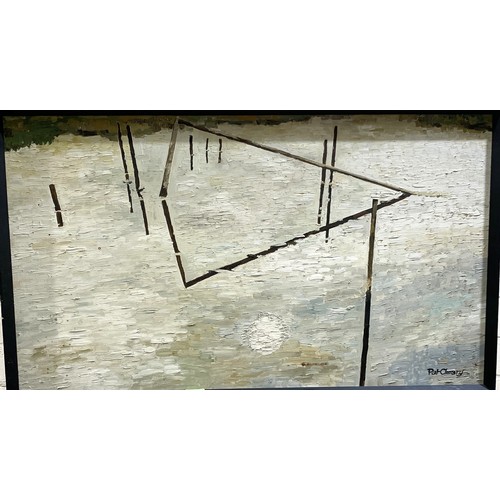 817 - Pat Cleary - wooden posts reflected on water, oil on board, signed, 52 x 90cm.