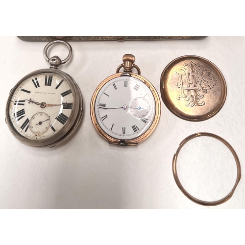 690 - A hallmarked silver key wound pocket watch with open face (glass loose); a gold plated keyless hunte... 