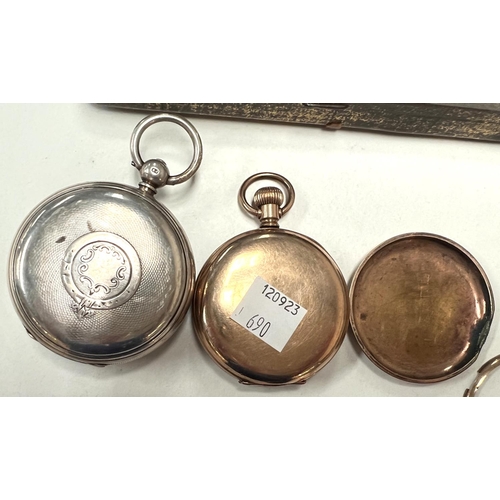 690 - A hallmarked silver key wound pocket watch with open face (glass loose); a gold plated keyless hunte... 