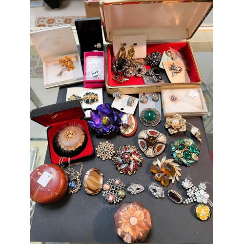 732A - A selection of decorative costume brooches, earrings and 2 jewellery boxes