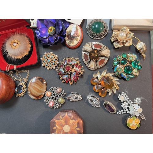 732A - A selection of decorative costume brooches, earrings and 2 jewellery boxes