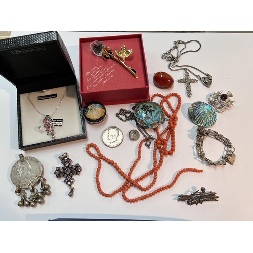 787 - A selection of vintage and later costume and white metal jewellery including 2 coral necklaces, came... 