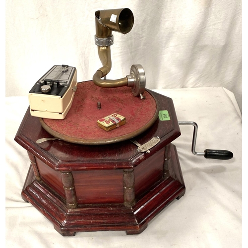 295 - A reproduction of an early 20th century table top wind-up gramophone with brass horn and 78rpm recor... 