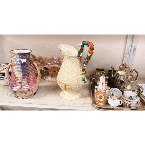 493 - A Clarice Cliff 'Celtic Harvest' jug; a fruit set; an oriental coffee set; decorative china