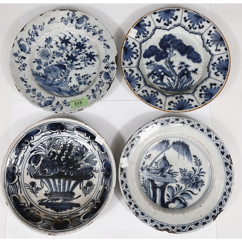 555 - Four 18th century Dutch Delft plates, blue and white, variously decorated with flowers and trees all... 