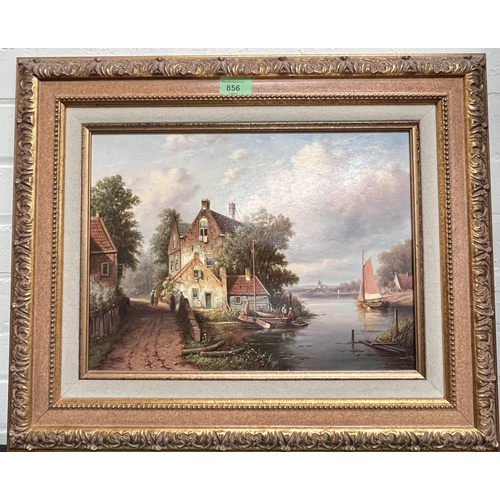 795 - Teo Vrolgk (?) 18th/19th Dutch river landscape with houses and figures by a river, oil on board, sig... 