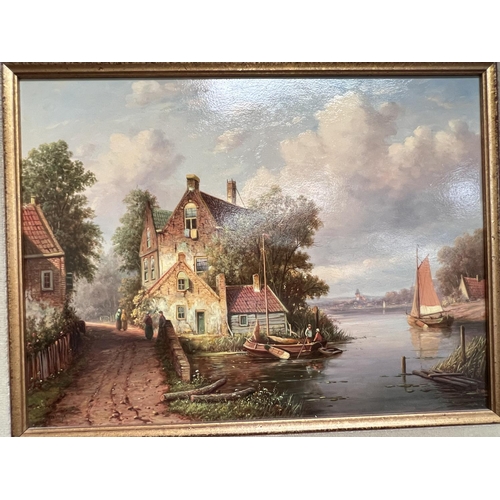 795 - Teo Vrolgk (?) 18th/19th Dutch river landscape with houses and figures by a river, oil on board, sig... 