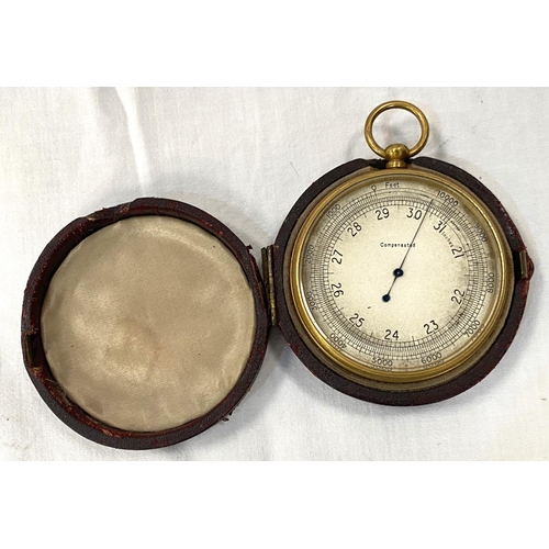 1 - A 19th century brass cased pocket barometer in red leather case