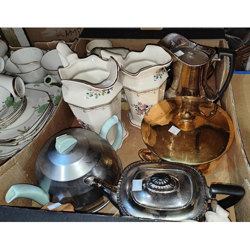 128 - A Devonware silver lustre 4 piece tea set; an Art Deco 3 piece tea set in green pottery/aluminium; a... 